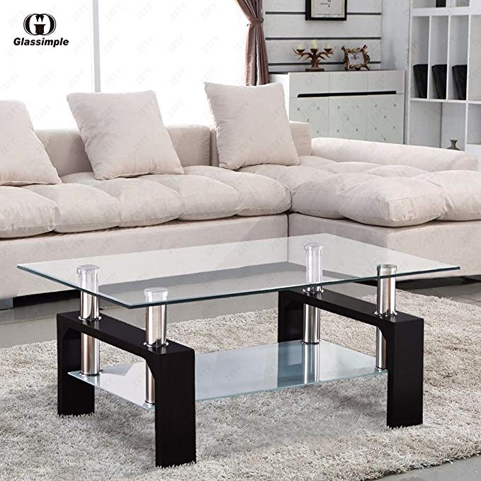 Rectangular Glass Coffee Table Shelf Chrome Black Wood Living Room