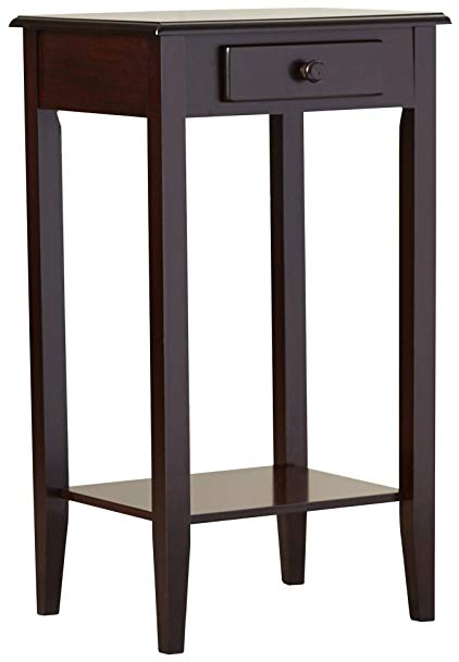 Indoor Plant Stand, Wood Pedestal Telephone Table With Storage Drawer, Brown Cherry Finish, Contemporary Style