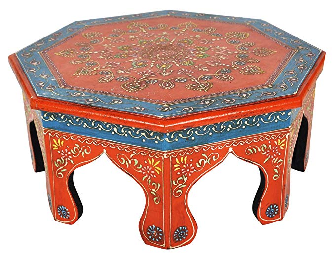 Lalhaveli Traditional Handpainted Work Design Round Wooden Bajot Table 14 X 14 X 6 Inches