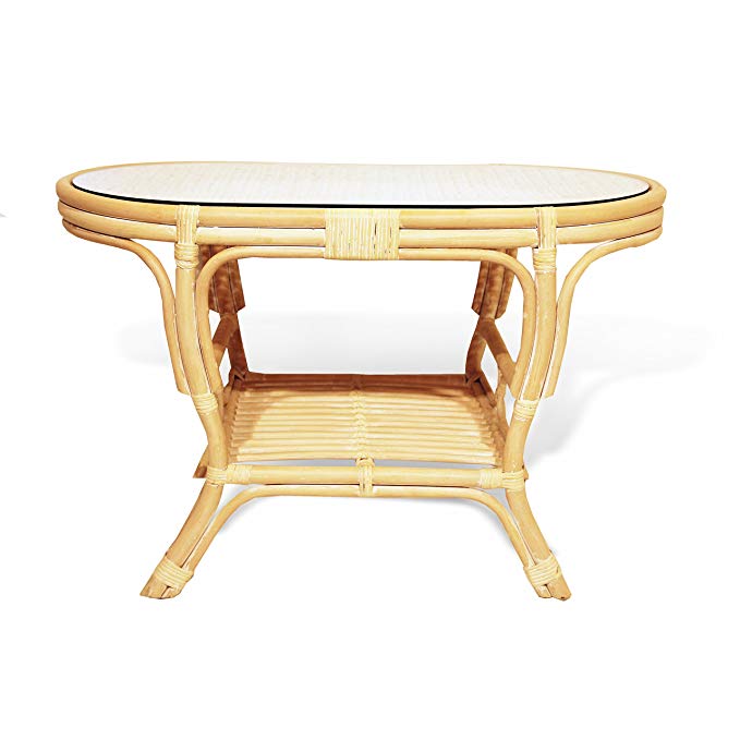 Pelangi Coffee Oval Table with Glass Top Natural Rattan Wicker ECO Handmade Design, Cream