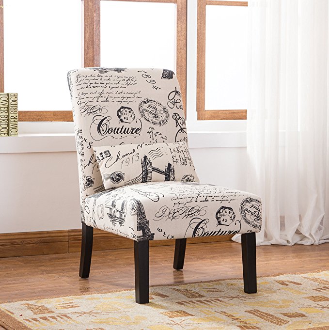 Roundhill Furniture AC162 Pisano Script Linen Print Fabric Armless Contemporary Accent Chair with Matching Kidney Pillow