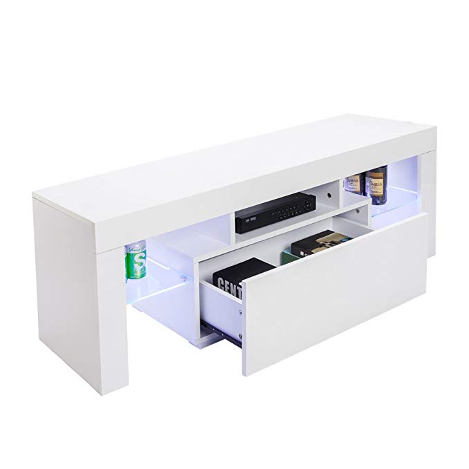 Bonnlo LED TV Stand Modern TV Cabinet Console Furniture with 2 Glass Shelves 1 Drawer for up to 50-inch TV Screens 51.18