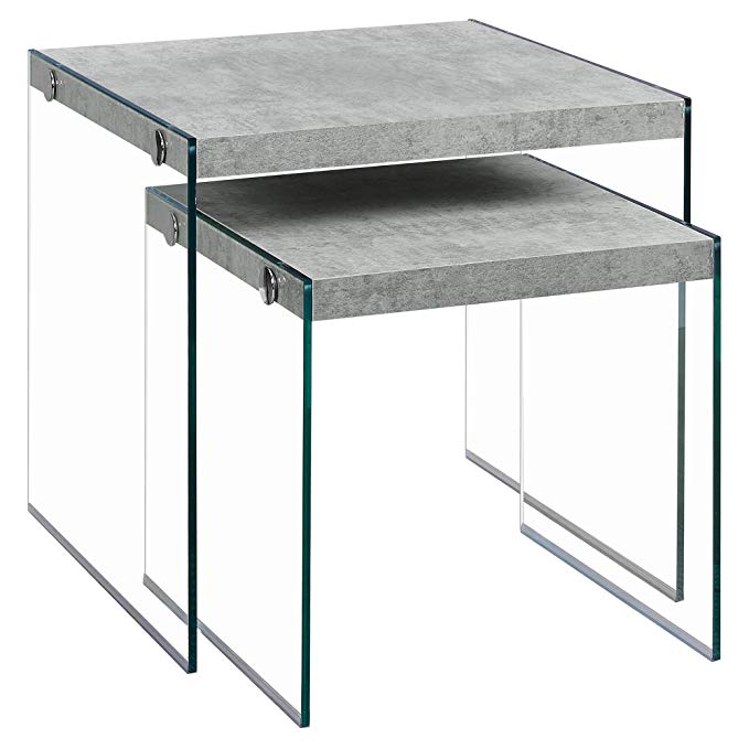 Monarch Specialties I 3231,Nesting Table, Tempered Glass, Grey Cement