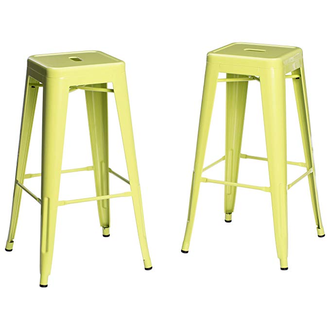 Set of 2 Lime Green French Bistro Tolix Style Metal Bar Stools in Glossy Powder Coated Finish - Includes ModHaus Living (TM) Pen