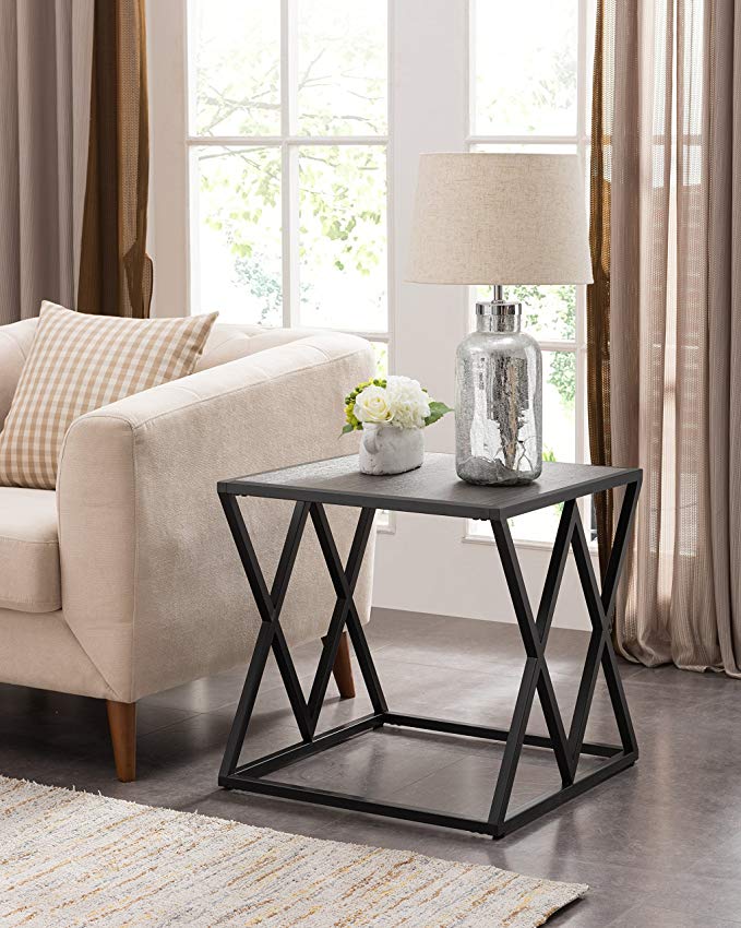 Grey Finish / Black Metal Frame Side End Table with Double X Designs