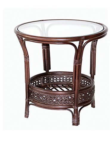 Pelangi Coffee Round Table Natural Rattan Wicker with Glass Top Handmade, Dark Brown