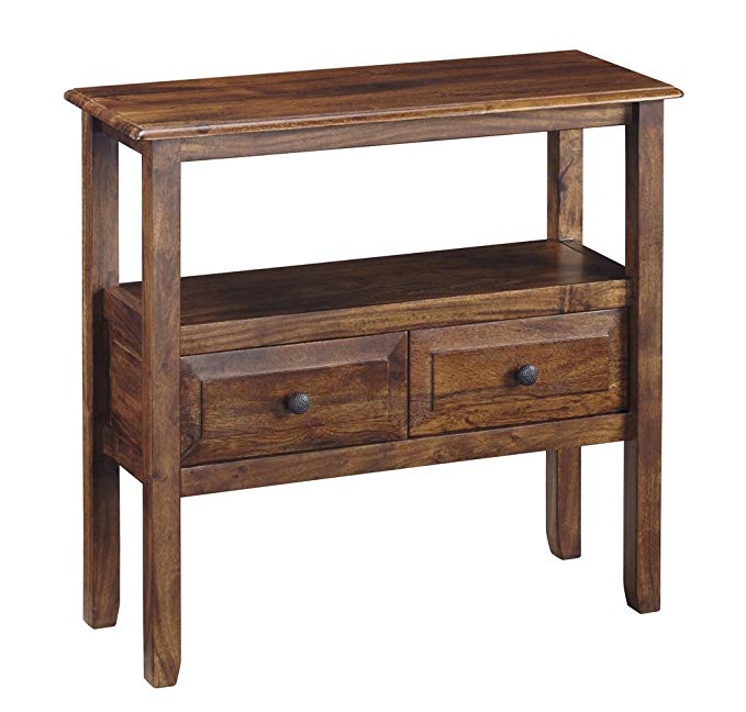 Ashley Furniture Signature Design - Abbonto Accent Table w/ 2 Drawers - Warm Brown Finish - Dark Pewter Handles