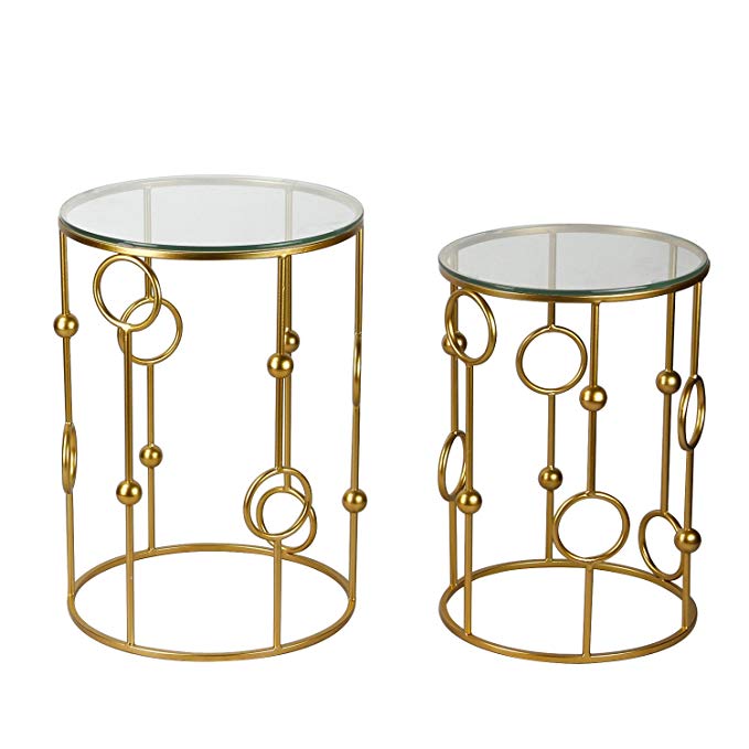 Joveco Gold End Tables With Glass Top. Decorative For Living Room, Patio, Garden or Bed room. Gold End Table Set of 2.