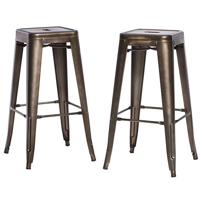 ModHaus Living Set of 2 Bronze French Bistro Tolix Style Metal Bar Stools in Glossy Powder Coated Finish - Includes (TM) Pen