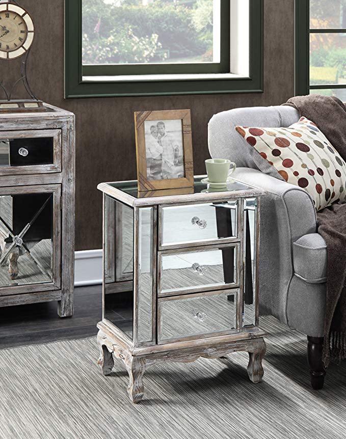 Convenience Concepts Gold Coast Collection 3-Drawer Mirrored End Table, Weathered White/Mirror