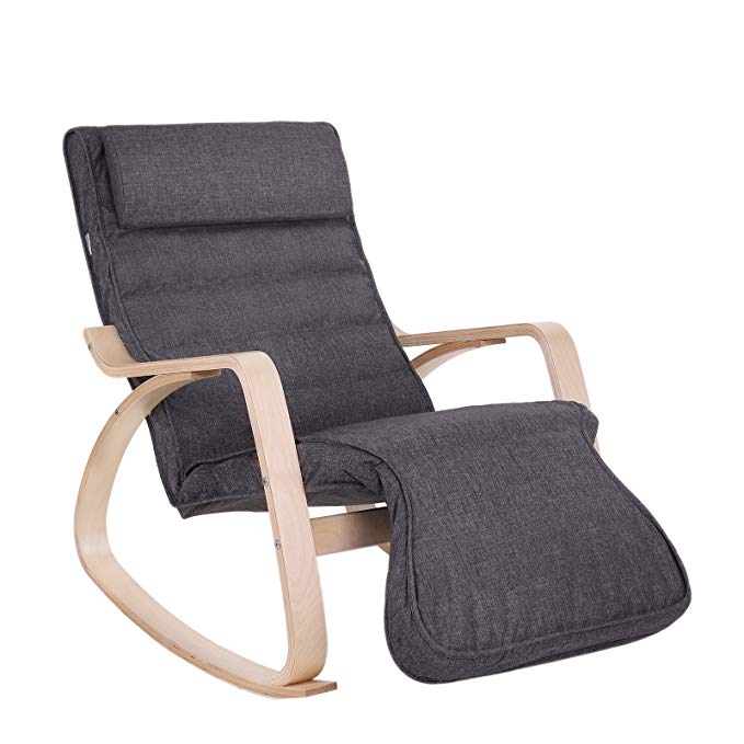 SONGMICS Relax Rocking Chair/Lounge Chair/Recliners/Gliders with 5-way Adjustable Footrest, Natural Frame with Grey Cushion ULYY42GY